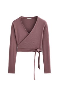 Long-sleeve, wrap-style top in mauve ribbed fabric, featuring a tie detail at the waist and a deep V-neckline.
