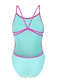 Un costume da bagno verde menta con spalline e bordi rosa, caratterizzato da un design incrociato sulla schiena e una silhouette liscia e aderente.