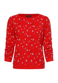 Rode sweatshirt met lange mouwen en een patroon van kleine zeilbootjes in het wit en blauw, met schrijfontwerpen verspreid over het geheel. Zachte katoenen stof.