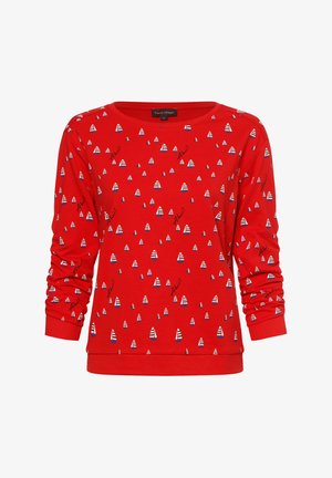 Roter Langarm-Sweatshirt mit einem Muster aus kleinen Segelbooten in Weiß und Blau, versehen mit Schriftakzenten. Weiches Baumwollmaterial.