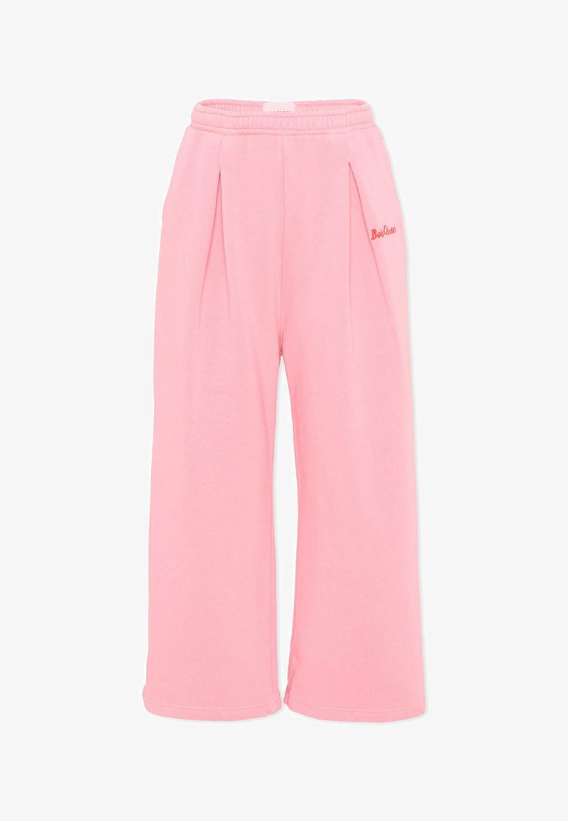 Pink wide-leg pants with elastic waistband and subtle pleats, featuring small red "BooHoo" logo on the right hip.