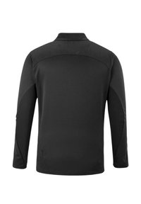 Schwarzer Pullover mit langen Ärmeln, hohem Kragen, glatter Textur und Paneeldetails an Schultern und Seiten. Einfaches und funktionales Design.