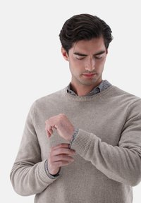 Beige gestrickter Pullover mit Rundhalsausschnitt, gerippten Bündchen und einem kontrastierenden gemusterten Hemd, das am Kragen und an den Bündchen sichtbar ist.