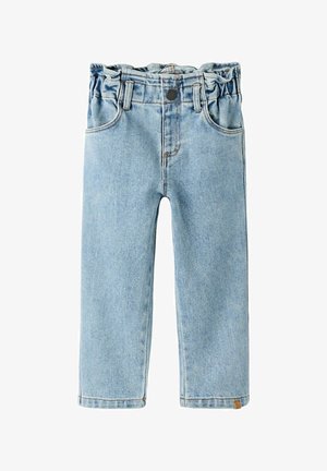 Jean en denim bleu clair pour enfants avec une ceinture élastique, un bouton à l'avant, des passants de ceinture et deux poches avant.