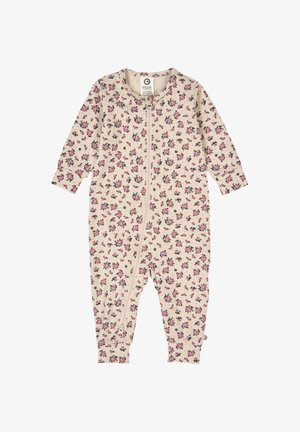 Combinaison bébé couleur crème à manches longues, imprimé floral rose et foncé, avec une fermeture éclair diagonale à l'avant.