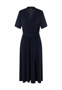 Robe bleu marine à manches courtes avec un col en V, taille ceinturée et silhouette fluide. Fabriquée en tissu doux et texturé pour un port confortable.