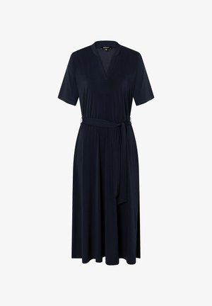 Marineblaues Kurzarmkleid mit V-Ausschnitt, Taillengürtel und fließender Silhouette. Hergestellt aus weichem, strukturiertem Stoff für angenehmen Tragekomfort.