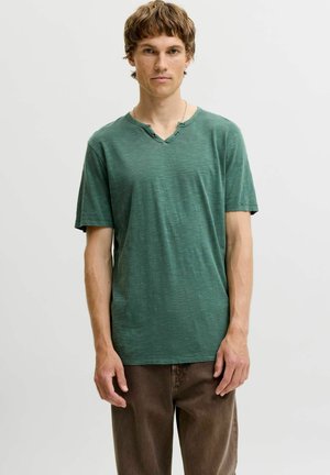 Jeune homme aux cheveux courts et bruns, portant un T-shirt vert à col en V et un pantalon marron, debout devant un fond clair uni.