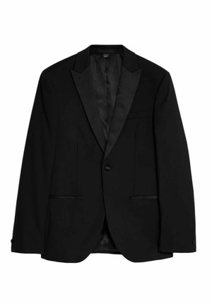 Veste de smoking noire avec revers en satin, fermeture à un bouton, poches latérales et doublure intérieure lisse. Coupe ajustée avec épaules structurées.