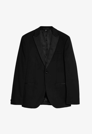 Veste de smoking noire avec revers en satin, fermeture à un bouton, poches latérales et doublure intérieure lisse. Coupe ajustée avec épaules structurées.