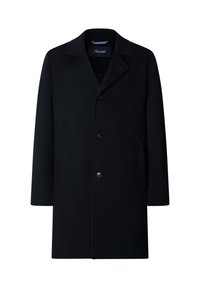 Cappotto nero realizzato in misto lana, con colletto a pisello, chiusura centrale con bottone, tasche laterali e siluetta sartoriale.