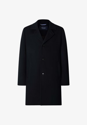 Schwarzer Wollmischmantel mit Reverskragen, zentraler Knopfleiste, seitlichen Taschen und taillierter Silhouette.