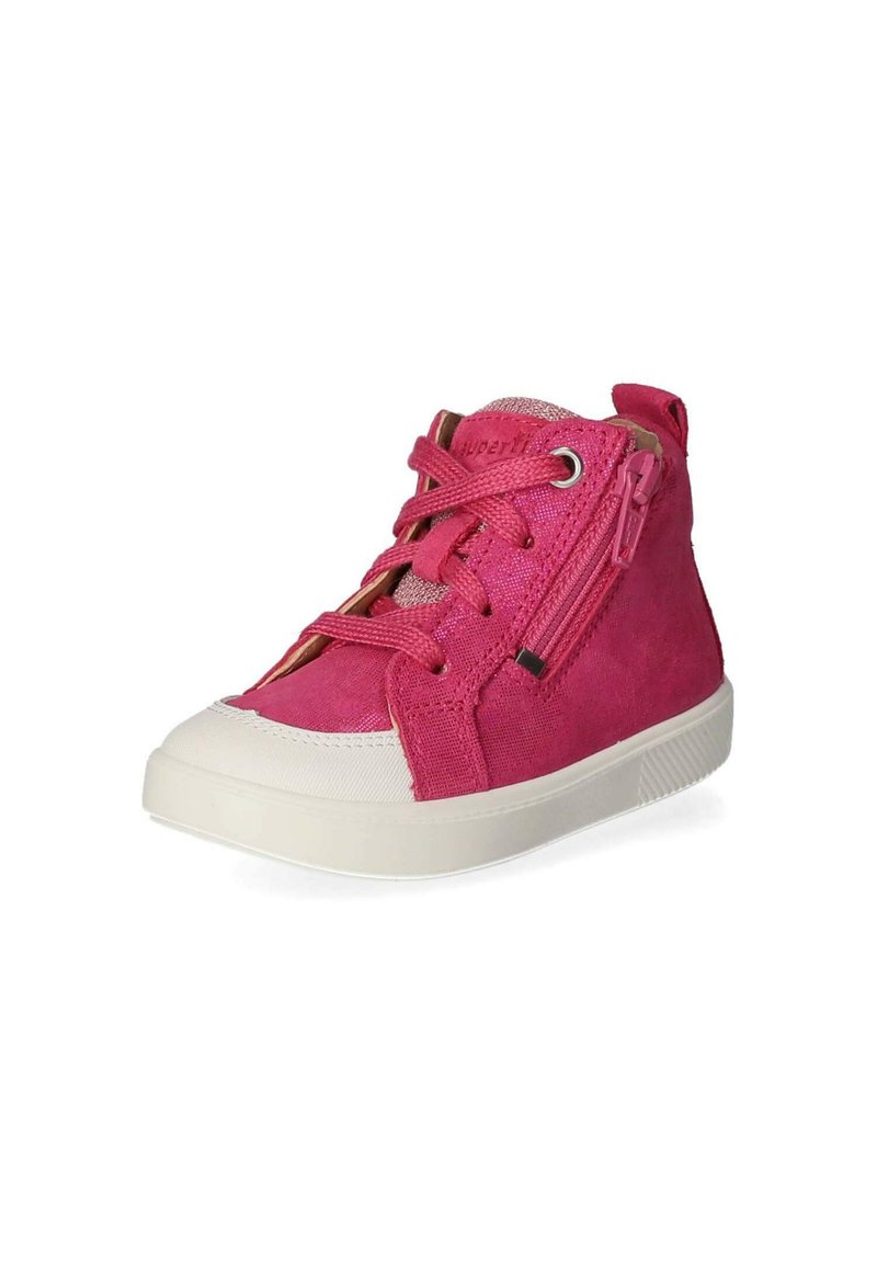 Rosa Wildleder-Hochtop-Sneaker mit strukturiertem Stoff, kontrastierender weißer Gummisohle und seitlichem Reißverschluss-Detail. Mit Schnürung vorne.