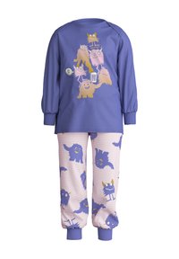 Lila Langarm-Pyjamaoberteil mit bunten Monstergrafiken, kombiniert mit pinken Hosen, die verschiedene Monster auf einem gestreiften Hintergrund zeigen.