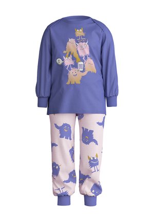 Lila Langarm-Pyjamaoberteil mit bunten Monstergrafiken, kombiniert mit pinken Hosen, die verschiedene Monster auf einem gestreiften Hintergrund zeigen.
