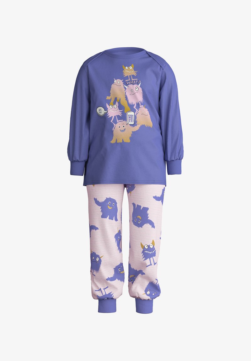 Haut de pyjama à manches longues violet avec des graphiques de monstres colorés, associé à un pantalon rose orné de divers monstres sur un fond rayé.