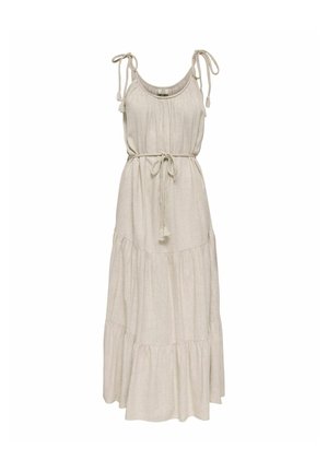 Robe maxi beige sans manches avec bretelles à nouer aux épaules et ceinture tressée à la taille, avec des volants froncés sur la jupe.