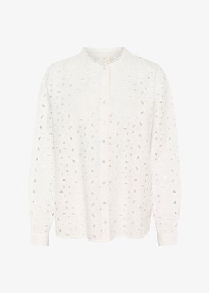 Witte blouse met lange mouwen, voorzien van geborduurde bloemen uitsparingen, een ronde halslijn, een knoopsluiting en delicate golvende randen.
