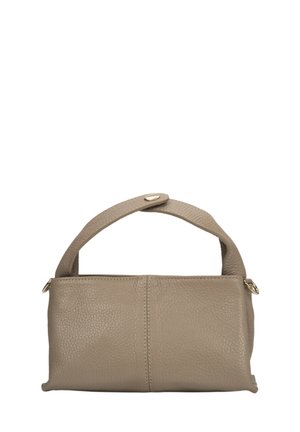 Khaki Lederhandtasche mit strukturierter Oberfläche, definiertem Shape, Obergriff und goldenen Hardware-Details, mit einem Reißverschlussverschluss.