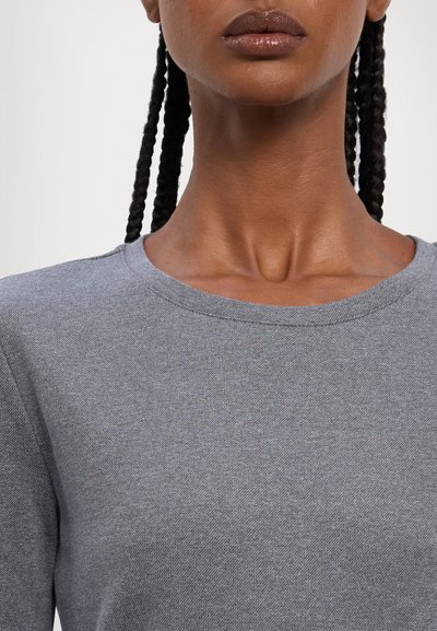 Gray long-sleeve top with a crew neck, featuring a smooth texture and subtle stitching details around the neckline.