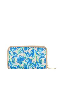 Cartera floral con un patrón de flores azules y verdes sobre un fondo beige claro, con un zipper dorado y una textura sintética suave.
