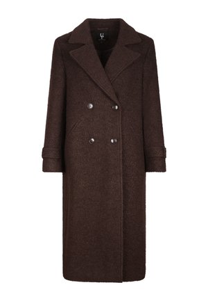 Brun ullblanding dobbelspent frakk med skreddersydd krage, lange ermer og metallknapper; har sidelommer og en rett silhuett.