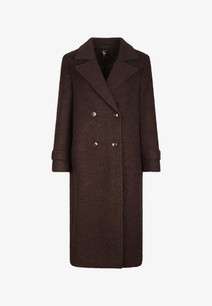 Brun ullblanding dobbelspent frakk med skreddersydd krage, lange ermer og metallknapper; har sidelommer og en rett silhuett.