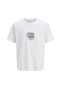 Camiseta blanca de manga corta con un estampado gráfico azul de un edificio de varios pisos y el texto "WILLIAMSBURG". Hecha de algodón, con diseño de cuello redondo.