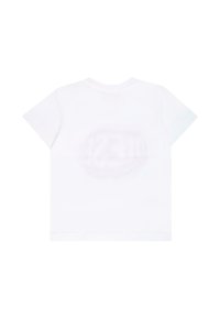 Biała bawełniana koszulka z krótkim rękawem i okrągłym dekoltem; na plecach delikatny okrągły nadruk logo. Gładka tekstura.