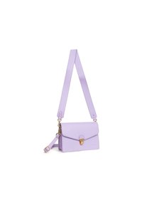 Lilac crossbody bag made of textured leather with a gold clasp and adjustable strap, featuring a flap closure and minimalist design.