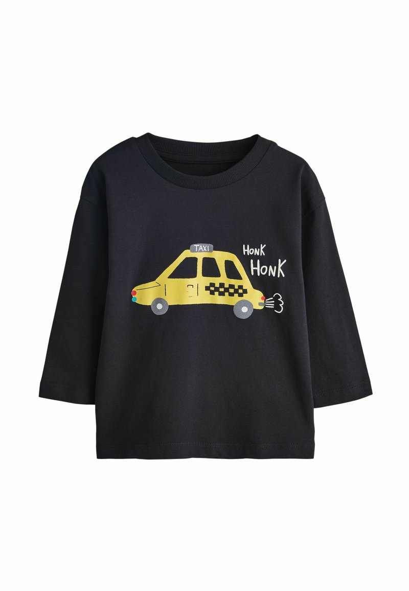 Fekete hosszú ujjú ing sárga taxi grafikával, "TAXI" felirattal, kockás mintával és "HONK HONK" felirat részlettel. Pamut anyagból.