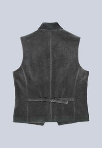 Graue Cordweste mit hohem Kragen, ärmellosem Design, Gürtel-Detail am Rücken und glatter Textur. Verfügt über eine klare, minimalistische Silhouette.