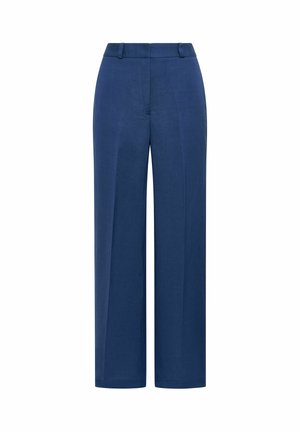 Pantaloni blu navy a vita alta, a gamba larga con passanti per cintura e dettagli di cucitura frontale.