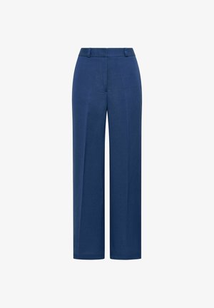 Pantaloni blu navy a vita alta, a gamba larga con passanti per cintura e dettagli di cucitura frontale.