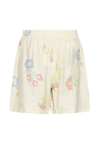 Shorts couleur crème avec une taille élastique et un motif floral pastel en bleu, rose, jaune et vert.