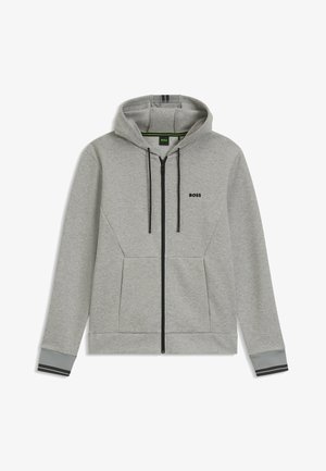 Grauer Reißverschluss-Hoodie aus weichem Stoff. Mit Kapuze, Fronttaschen, schwarzem Reißverschluss und gestreiften Akzenten an den Bündchen. "BOSS"-Logo auf der Brust.