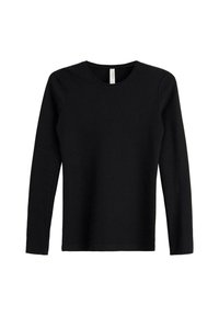 Camicia nera in cotone a maniche lunghe con colletto rotondo e una superficie liscia. Design semplice senza motivi o dettagli hardware.