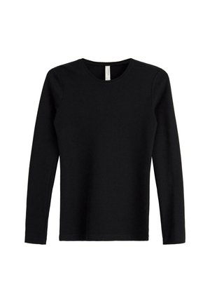 Långärmad svart bomullsskjorta med rund halsringning och en mjuk yta. Enkel design utan mönster eller detaljer i metall.