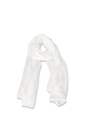 Sciarpa leggera in chiffon bianco, piegata liberamente con trama morbida e fluida e tessuto semitrasparente su uno sfondo semplice.