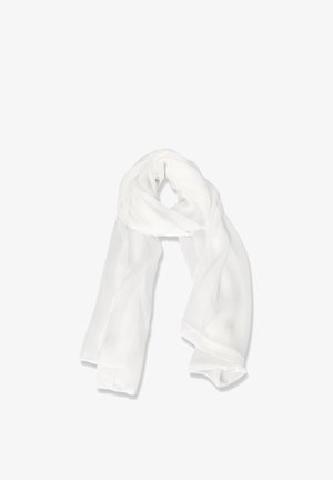 Sciarpa leggera in chiffon bianco, piegata liberamente con trama morbida e fluida e tessuto semitrasparente su uno sfondo semplice.