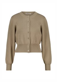 Khaki cropped cardigan with a round neckline, long sleeves, and button front closure. Made of ribbed knit fabric with a textured finish.