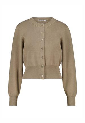 Khaki cropped cardigan with a round neckline, long sleeves, and button front closure. Made of ribbed knit fabric with a textured finish.