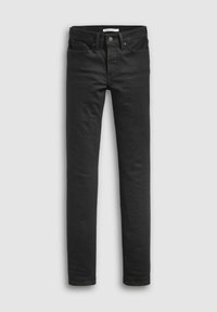 Jeans de mezclilla negra con corte slim, cinco bolsillos y cierre de cremallera. La tela tiene una textura suave y un diseño minimalista.