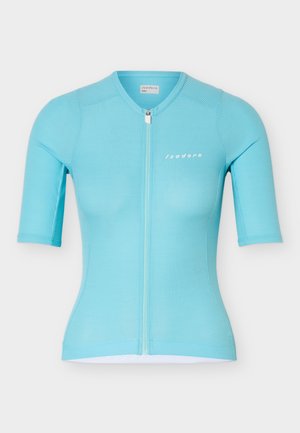 Maglia da ciclismo azzurro chiaro a maniche corte con cerniera frontale e logo "Isadore" sul petto sinistro, con una trama in tessuto a coste.