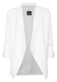 Blazer bianco con apertura frontale, maniche a tre quarti e foderatura interna liscia. Presenta cuciture discrete e un'etichetta all'interno.