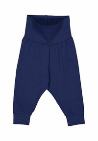 Pantalons en coton bleu marine avec une taille large, coupe ample et poignets fuselés ; caractéristiques d'une texture douce et de détails froncés à la taille.