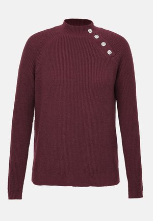 Bordeauxfarbenes Strickpullover mit hohem Kragen und langen Ärmeln. Verfügt über eine diagonale Reihe von vier dekorativen Knöpfen an einer Schulter.