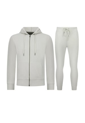 Lichtgrijze hoodie met rits en steekzakken aan de voorkant en bijpassende slim-fit joggerbroek met trekkoortaille.
