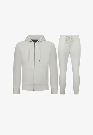 Lichtgrijze hoodie met rits en steekzakken aan de voorkant en bijpassende slim-fit joggerbroek met trekkoortaille.
