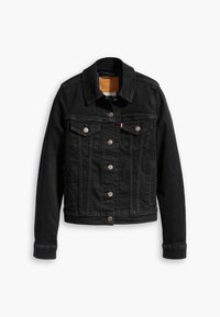 Chaqueta de mezclilla negra con un corte clásico, dos bolsillos en el pecho, botones de metal y un cuello estructurado. Acabado de tela texturizada, diseño casual.